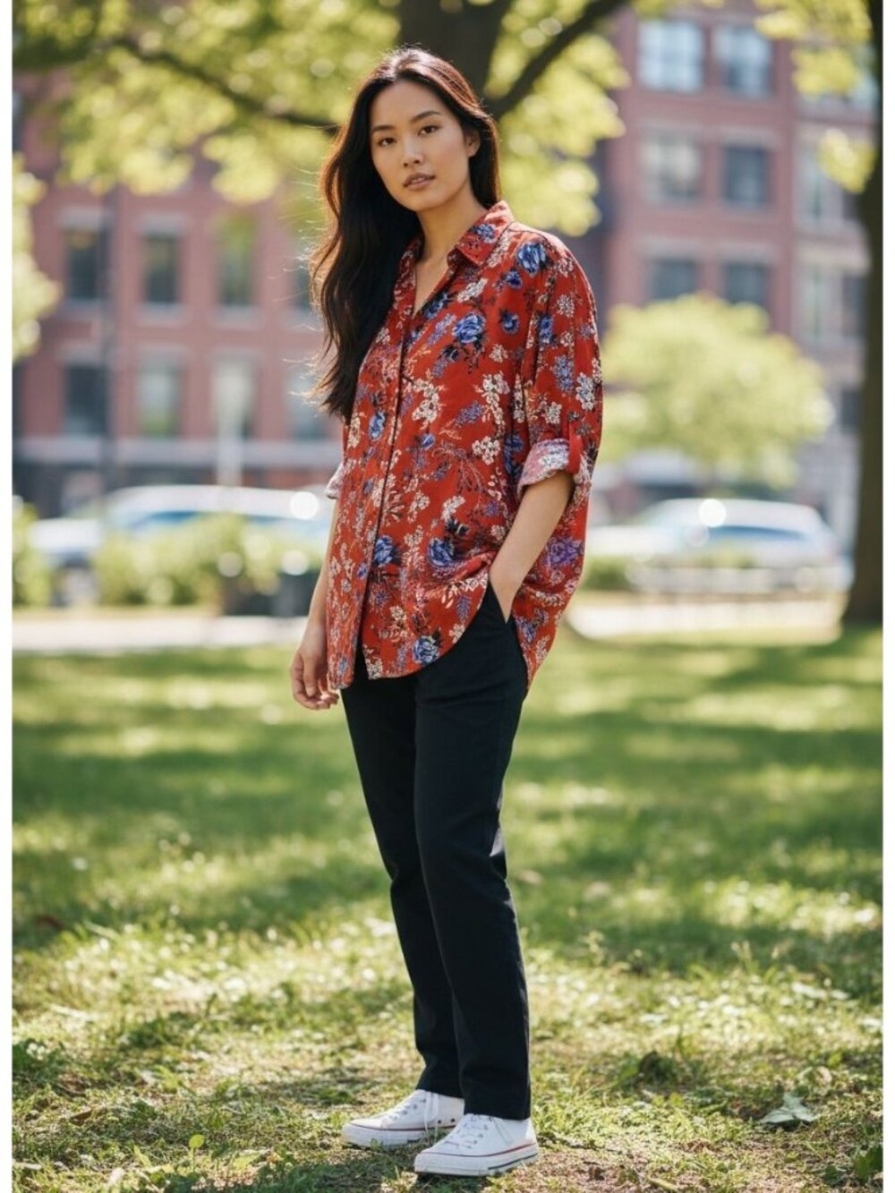 Simply Emma Womens Rust Floral Button-Up Shirt 3X Lightweight Polyester Long Sle